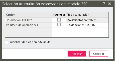 Selecciona la informaci&oacute;n que quieres acumular en el modelo 303 exonerado del modelo 390.